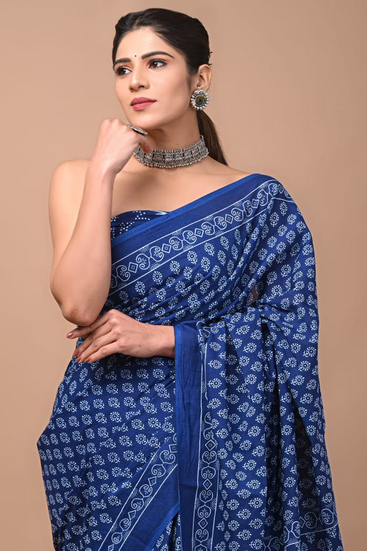 Blue Printed Handloom Cotton Mulmul Saree