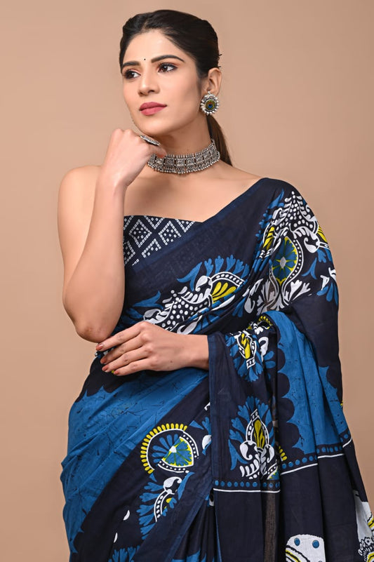 Blue & Navy Blue Printed Handloom Cotton Mulmul Saree