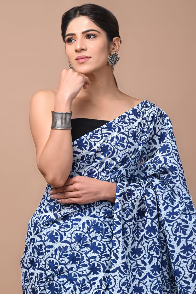 Navy Blue Printed Handloom Cotton Mulmul Saree