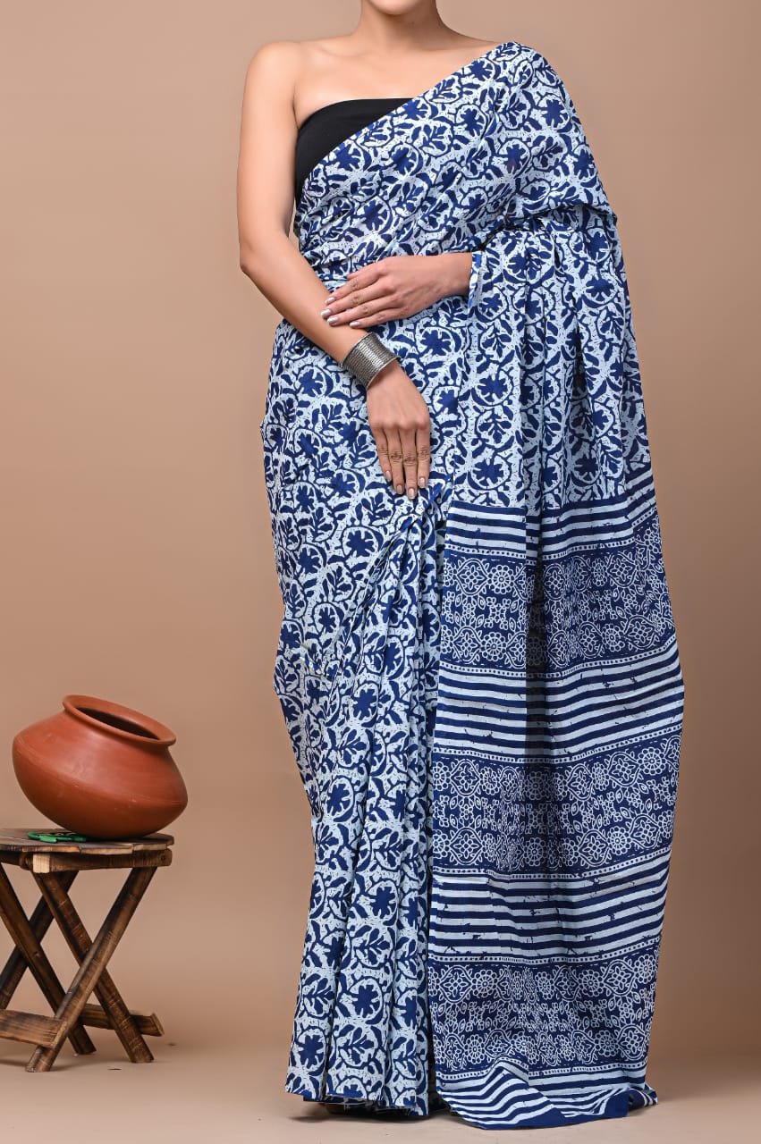 Navy Blue Printed Handloom Cotton Mulmul Saree