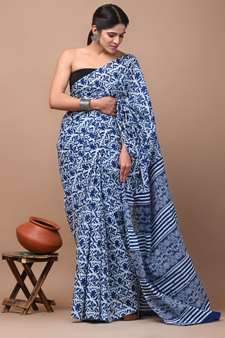 Navy Blue Printed Handloom Cotton Mulmul Saree