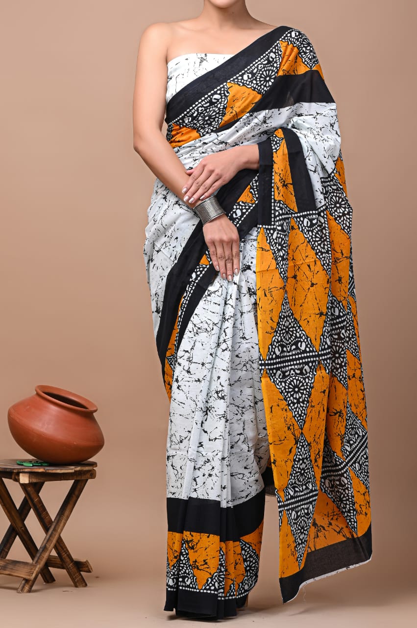 White & Orange Printed Handloom Cotton Mulmul Saree