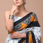 White & Orange Printed Handloom Cotton Mulmul Saree