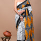 White & Orange Printed Handloom Cotton Mulmul Saree