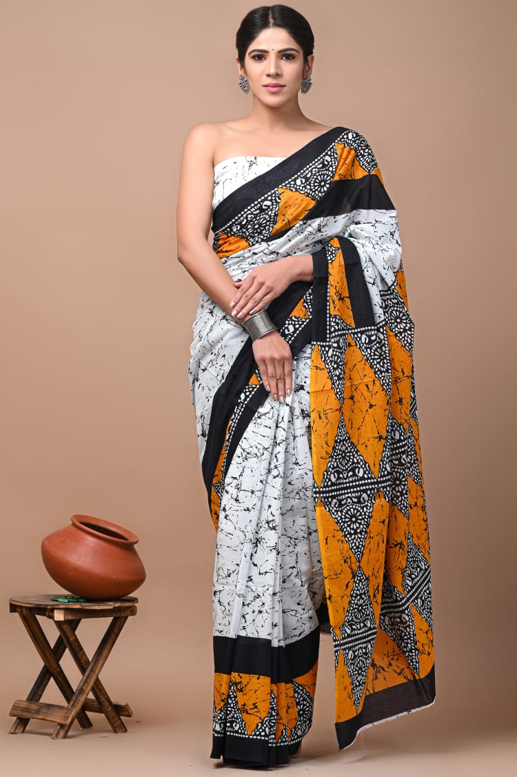 White & Orange Printed Handloom Cotton Mulmul Saree