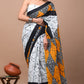 White & Orange Printed Handloom Cotton Mulmul Saree