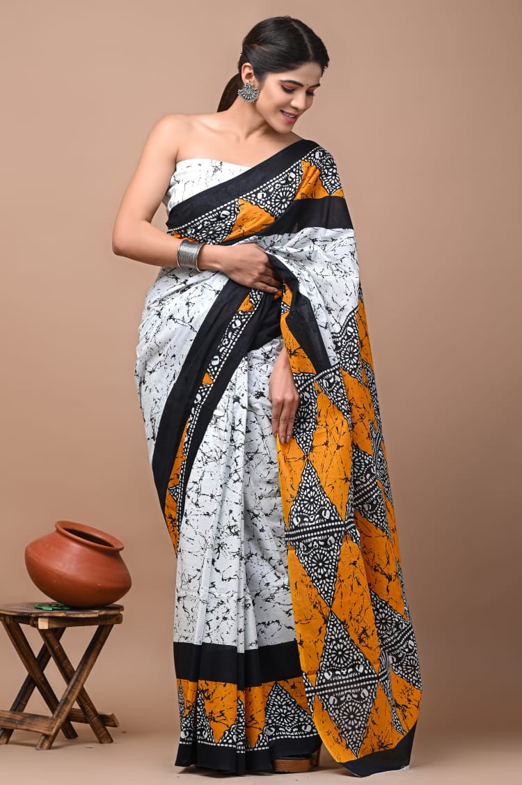 White & Orange Printed Handloom Cotton Mulmul Saree