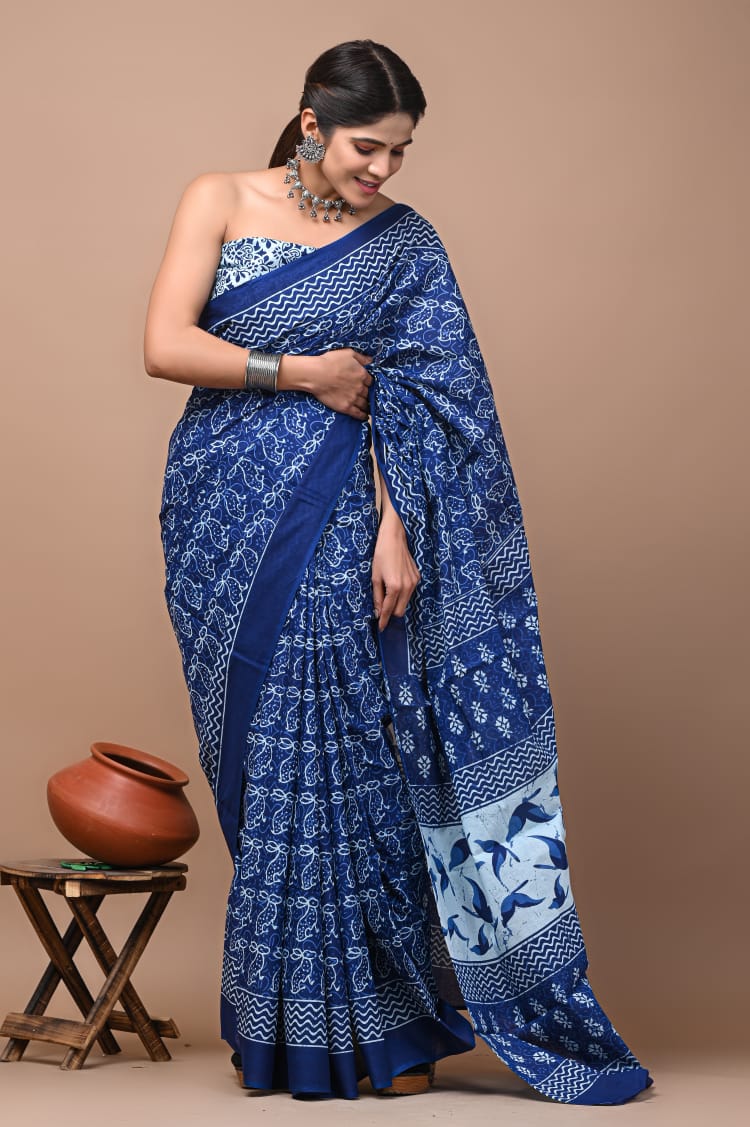 Blue Printed Handloom Cotton Mulmul Saree