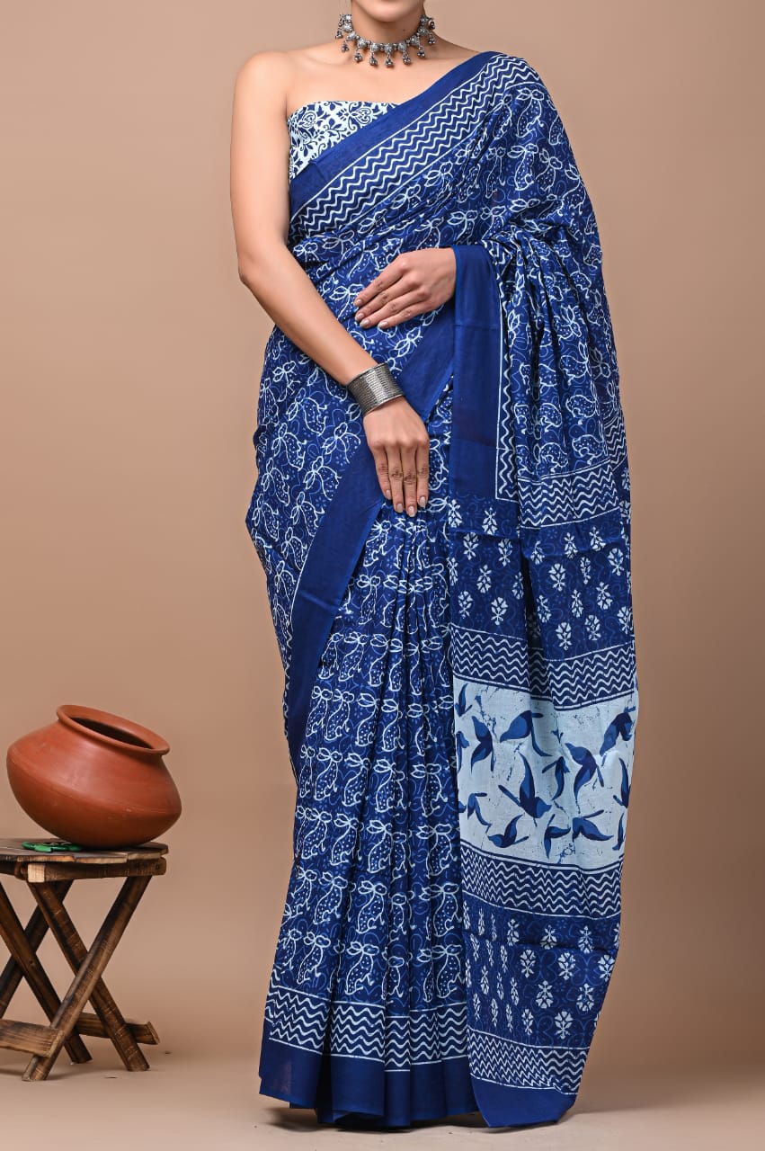 Blue Printed Handloom Cotton Mulmul Saree