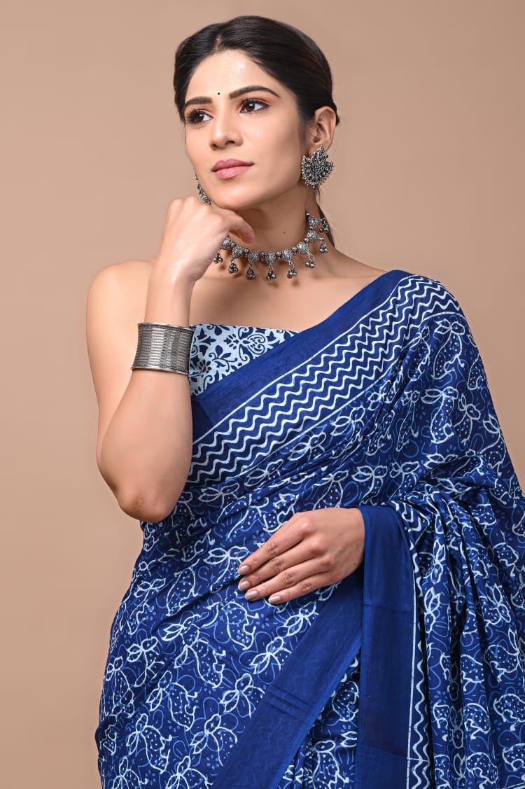 Blue Printed Handloom Cotton Mulmul Saree