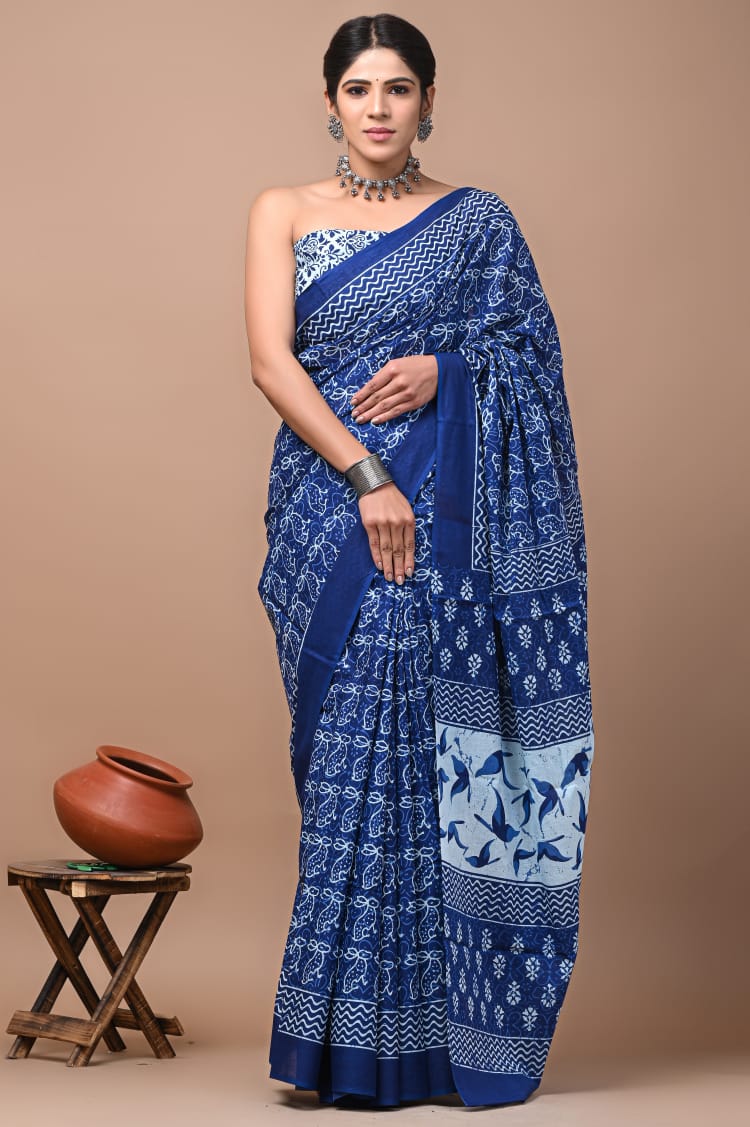 Blue Printed Handloom Cotton Mulmul Saree