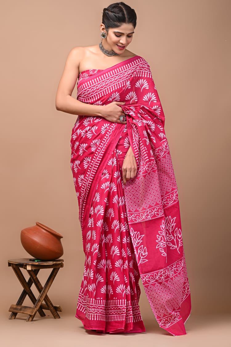 Pink Printed Handloom Cotton Mulmul Saree