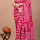 Pink Printed Handloom Cotton Mulmul Saree