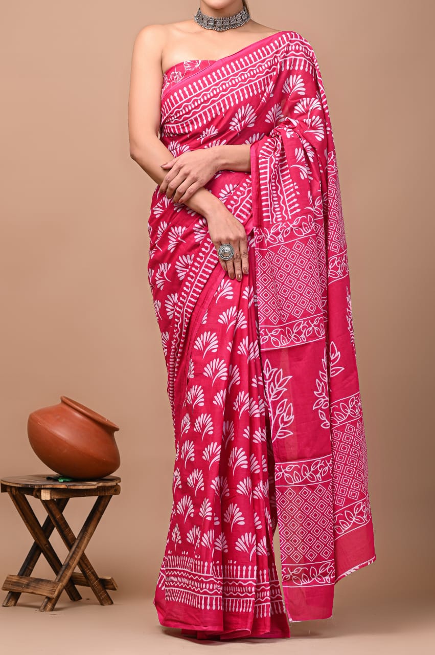 Pink Printed Handloom Cotton Mulmul Saree