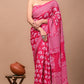 Pink Printed Handloom Cotton Mulmul Saree