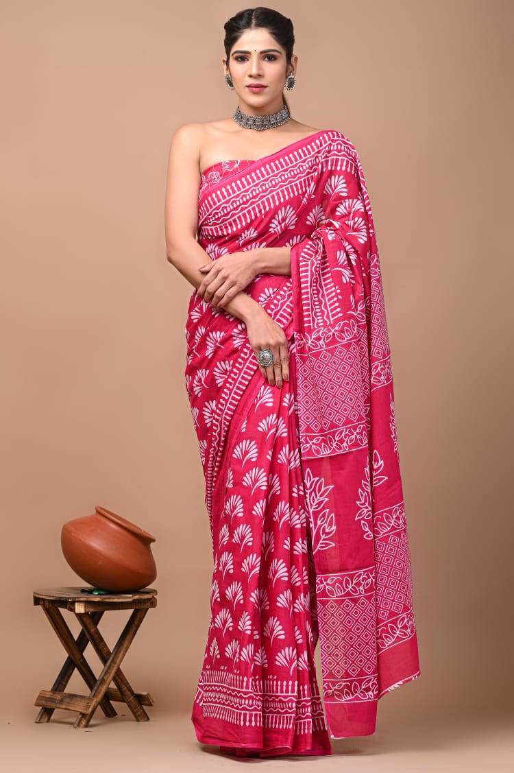 Pink Printed Handloom Cotton Mulmul Saree