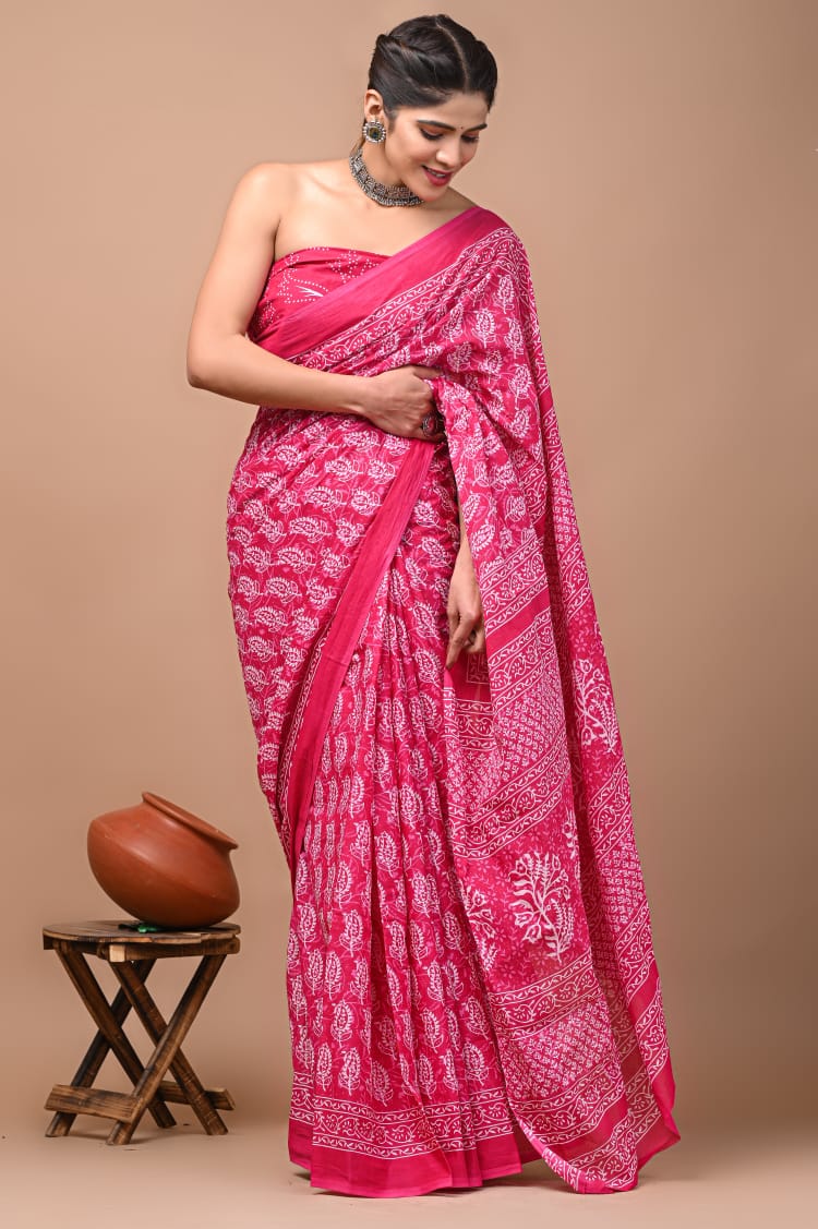 Pink Printed Handloom Cotton Mulmul Saree