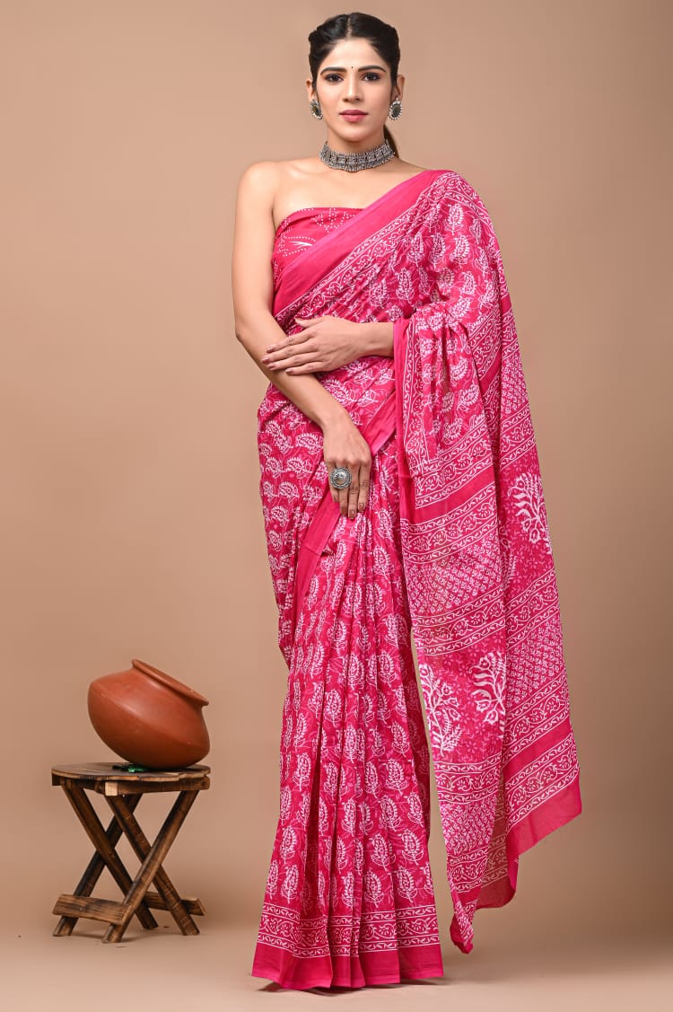 Pink Printed Handloom Cotton Mulmul Saree