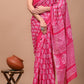 Pink Printed Handloom Cotton Mulmul Saree