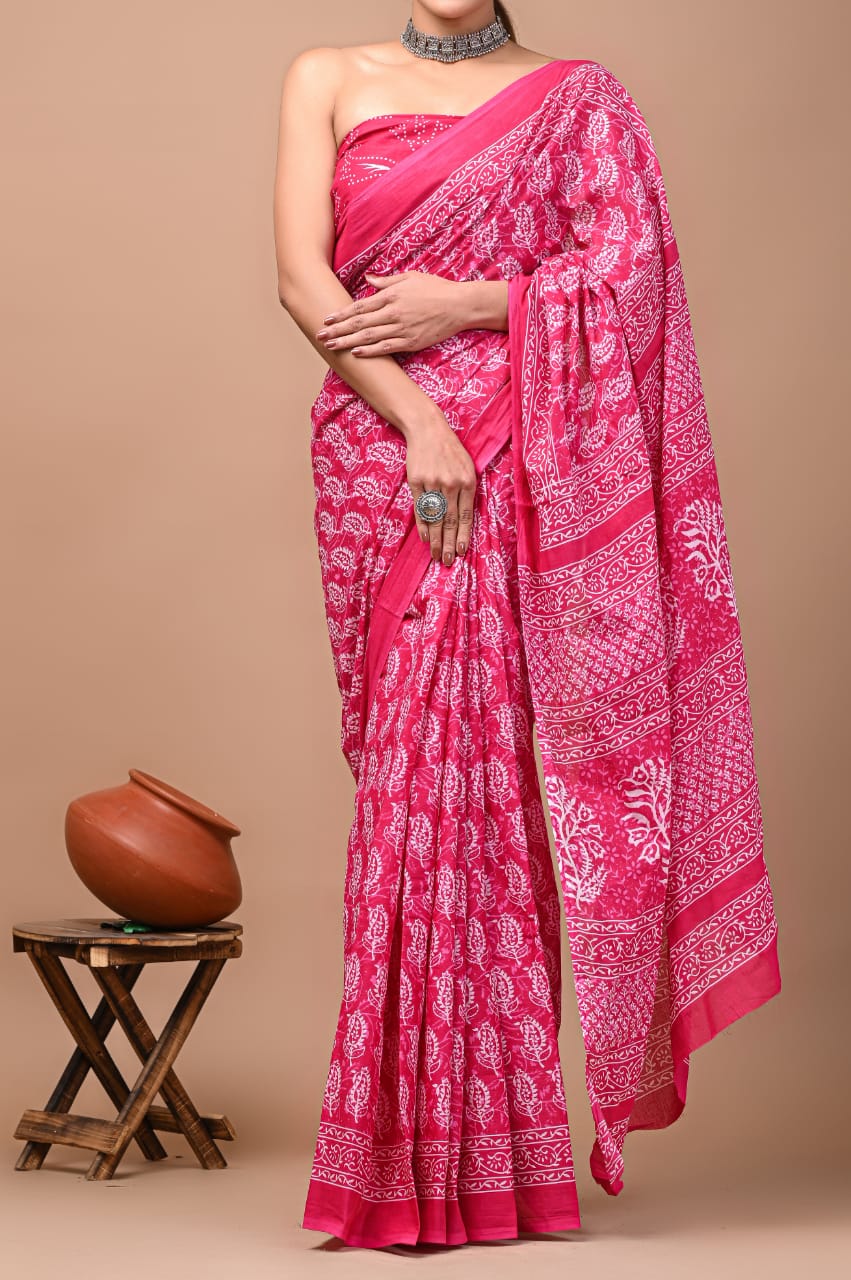 Pink Printed Handloom Cotton Mulmul Saree