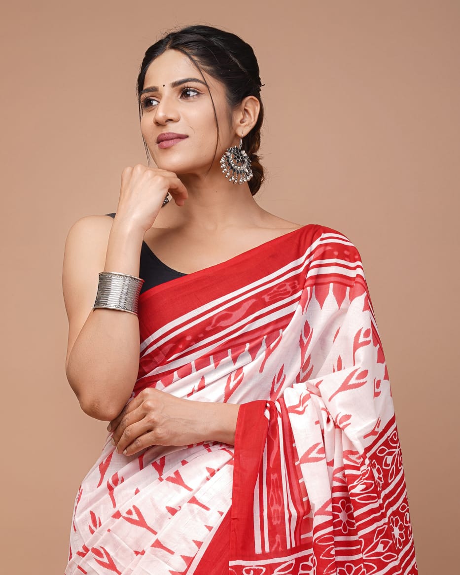 Red & White Printed Handloom Cotton Mulmul Saree