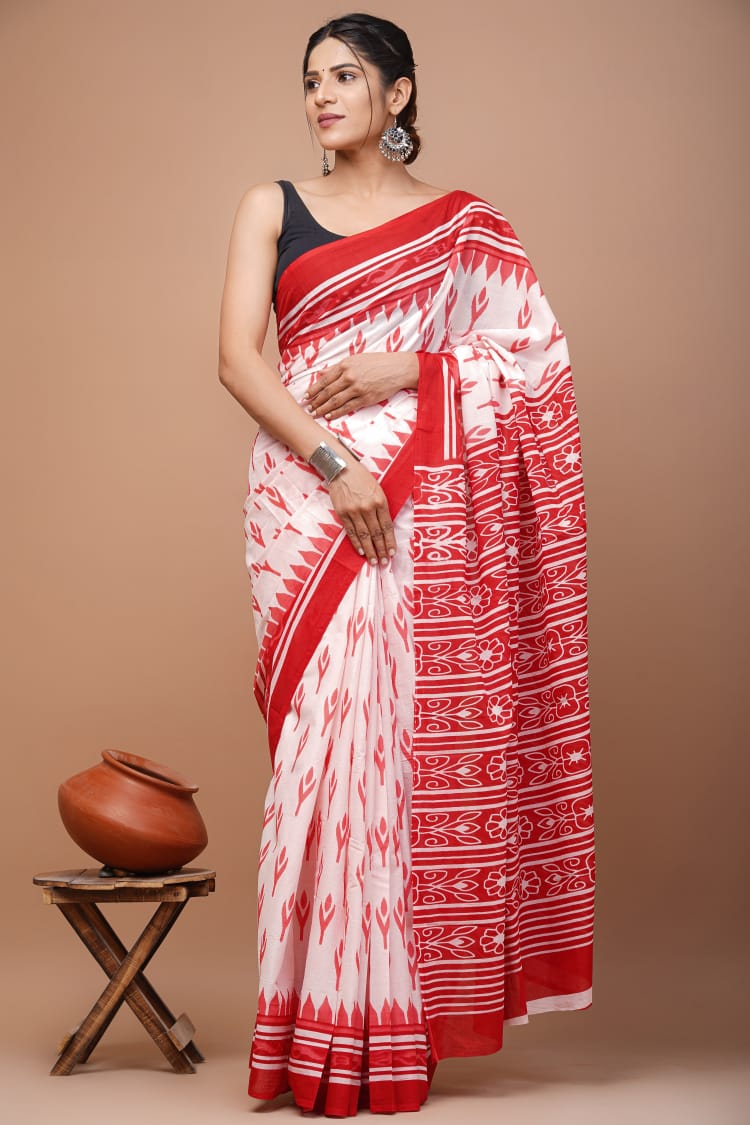 Red & White Printed Handloom Cotton Mulmul Saree