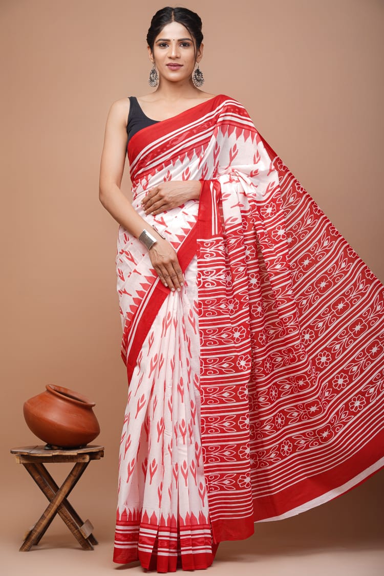 Red & White Printed Handloom Cotton Mulmul Saree