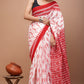 Red & White Printed Handloom Cotton Mulmul Saree