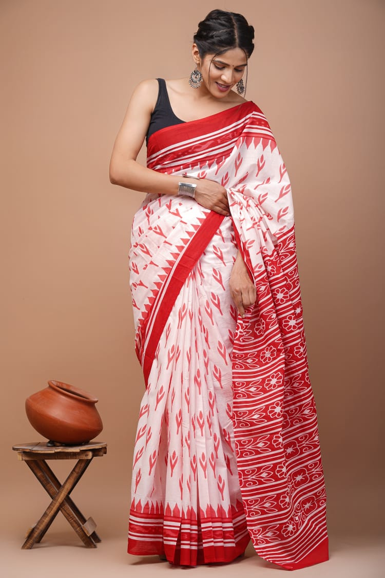 Red & White Printed Handloom Cotton Mulmul Saree