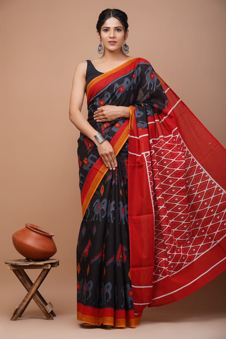 Black & Red Printed Handloom Cotton Mulmul Saree