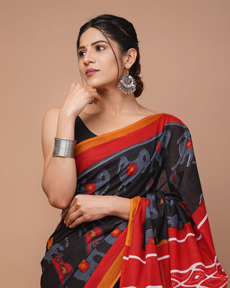 Black & Red Printed Handloom Cotton Mulmul Saree