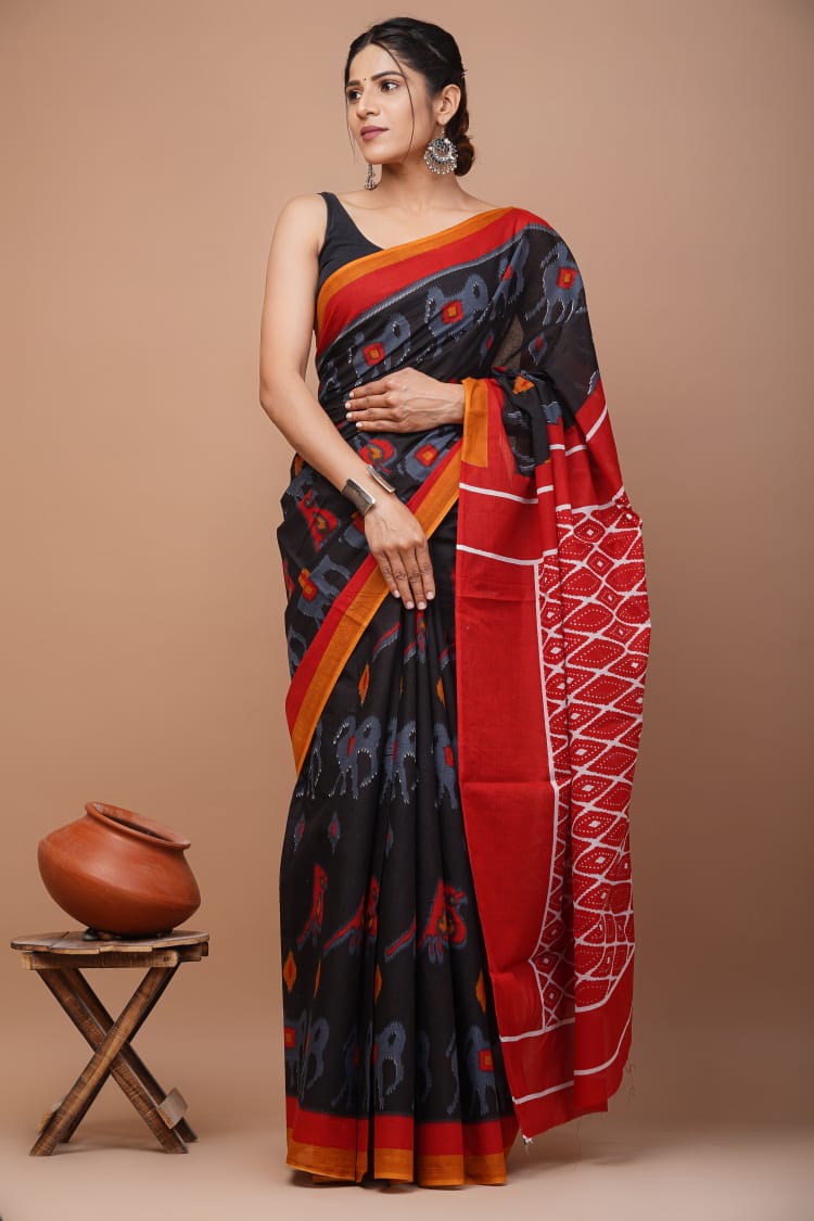 Black & Red Printed Handloom Cotton Mulmul Saree