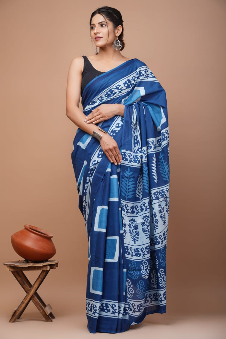 Blue Printed Handloom Cotton Mulmul Saree