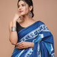 Blue Printed Handloom Cotton Mulmul Saree