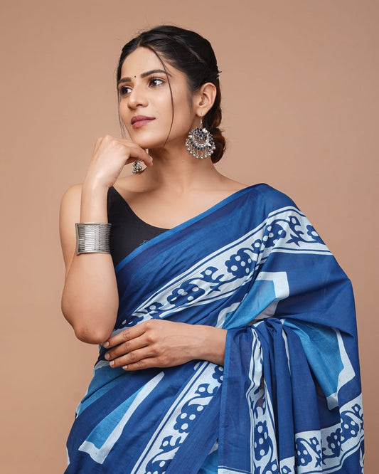 Blue Printed Handloom Cotton Mulmul Saree