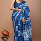 Blue Printed Handloom Cotton Mulmul Saree