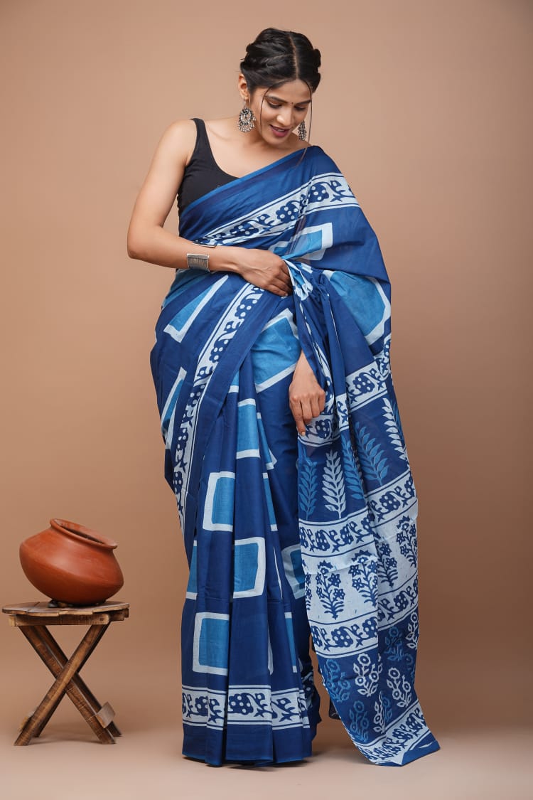 Blue Printed Handloom Cotton Mulmul Saree