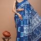 Blue Printed Handloom Cotton Mulmul Saree