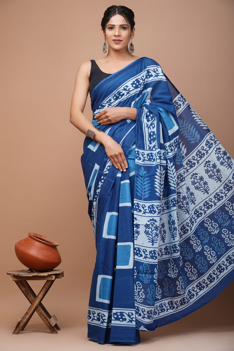 Blue Printed Handloom Cotton Mulmul Saree