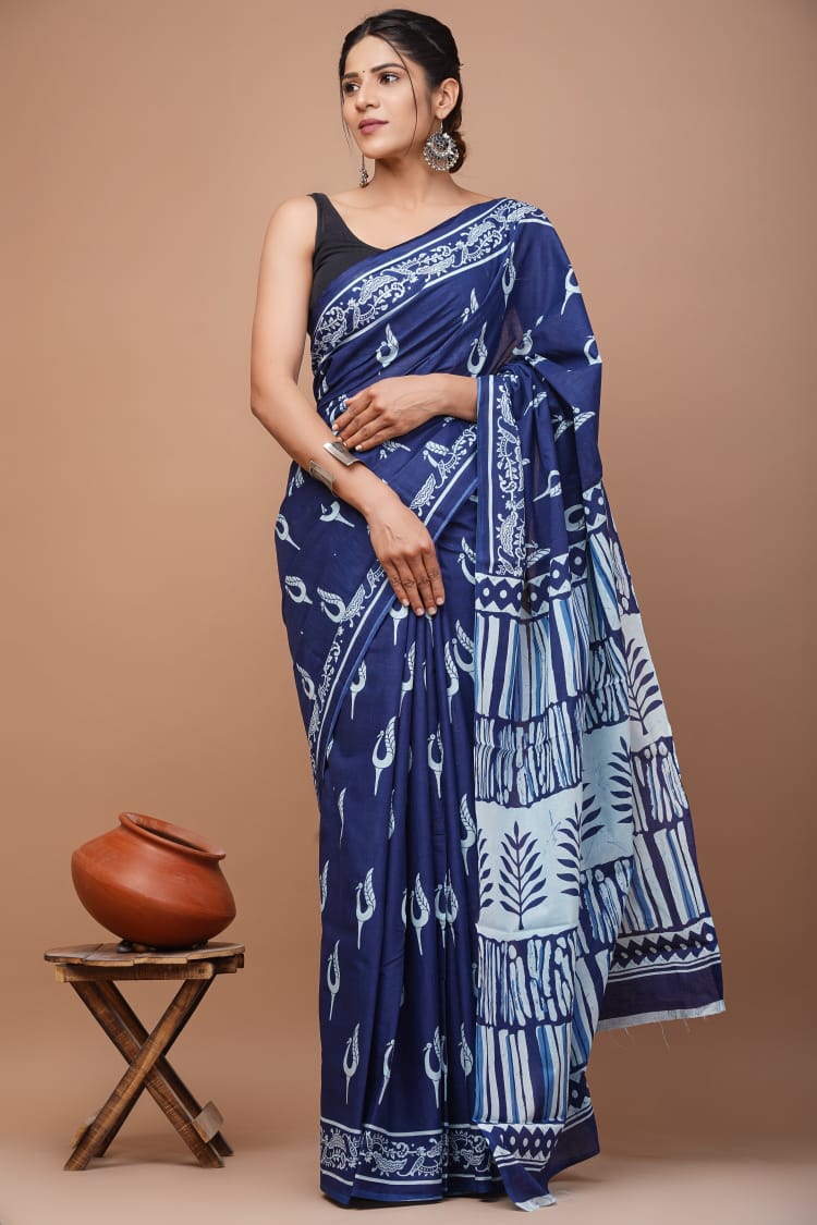 Blue Printed Handloom Cotton Mulmul Saree