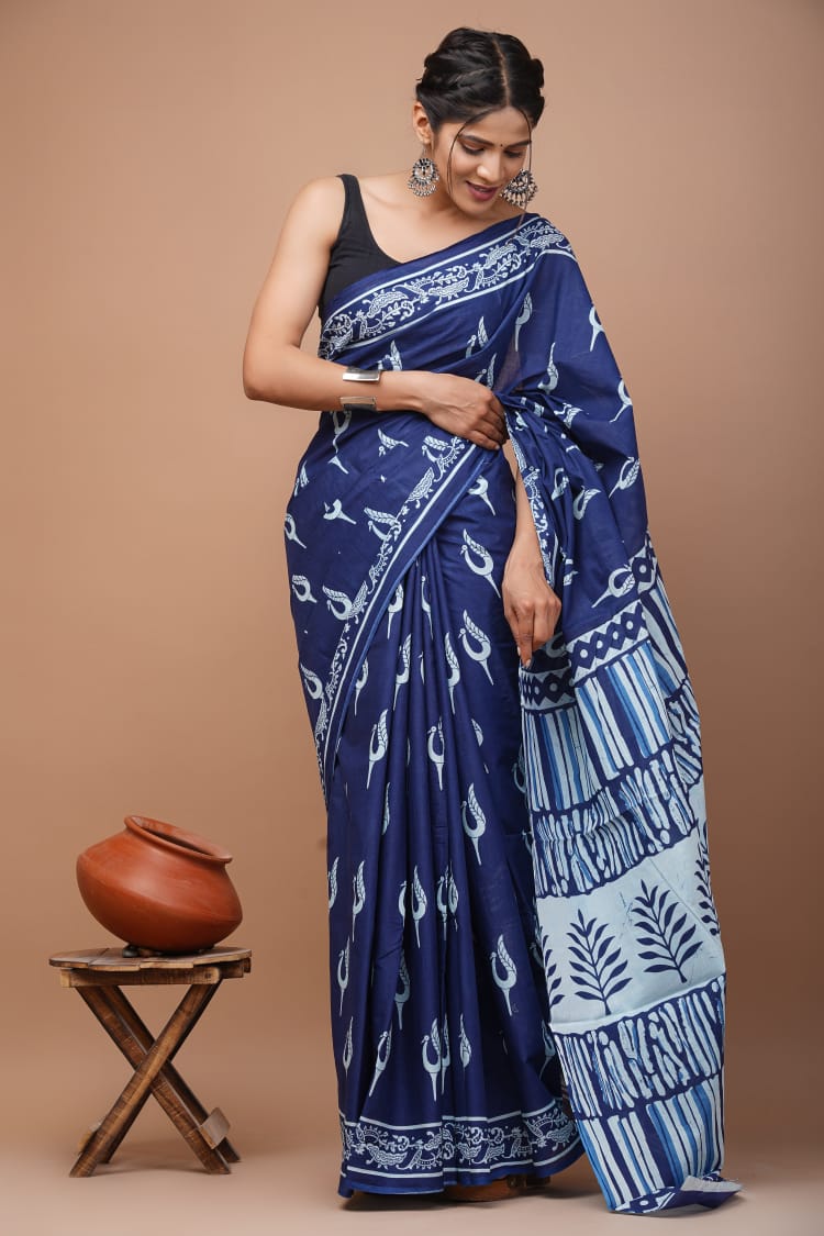 Blue Printed Handloom Cotton Mulmul Saree