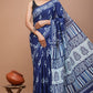 Blue Printed Handloom Cotton Mulmul Saree