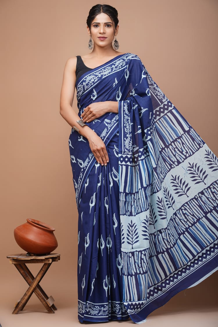 Blue Printed Handloom Cotton Mulmul Saree