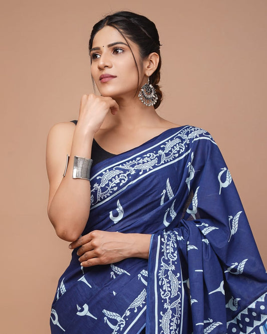 Blue Printed Handloom Cotton Mulmul Saree