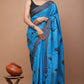 Blue Printed Handloom Cotton Mulmul Saree