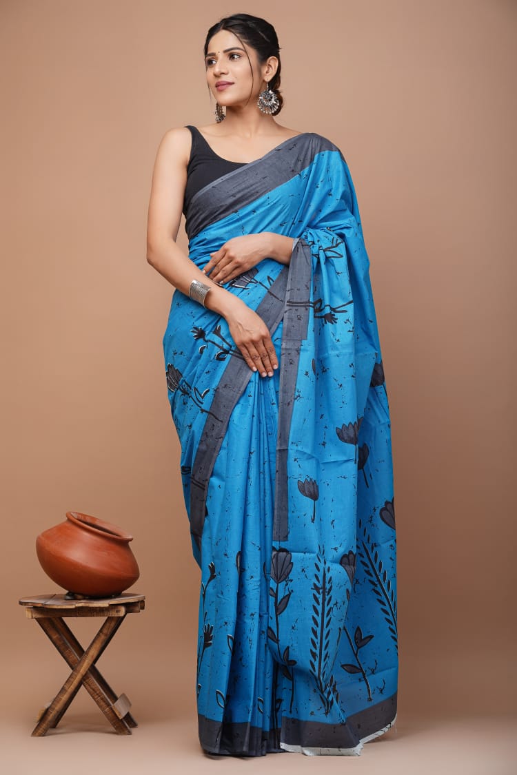 Blue Printed Handloom Cotton Mulmul Saree