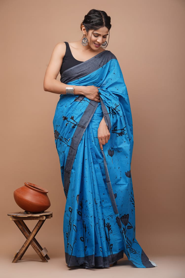 Blue Printed Handloom Cotton Mulmul Saree