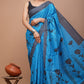 Blue Printed Handloom Cotton Mulmul Saree