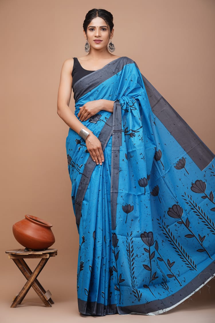 Blue Printed Handloom Cotton Mulmul Saree