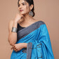 Blue Printed Handloom Cotton Mulmul Saree